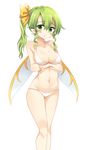  bikini blush bow breast_hold breasts cleavage daiyousei fairy_wings green_hair hair_bow highres long_hair looking_at_viewer maturiuta_sorato medium_breasts navel open_mouth side_ponytail simple_background solo swimsuit touhou white_background white_bikini wings 