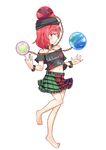  aki_chimaki bare_legs bare_shoulders barefoot belt chain choker clothes_writing earth_(ornament) hat hecatia_lapislazuli midriff miniskirt moon_(ornament) multicolored multicolored_clothes multicolored_skirt red_eyes red_hair shirt skirt smile solo t-shirt touhou 