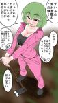  alternate_costume black_shirt blurry blurry_background blush breasts cleavage crop_top eyebrows eyebrows_visible_through_hair from_above green_hair ground hands_on_hilt highres hoe jumpsuit kazami_yuuka large_breasts looking_at_viewer red_eyes shirt short_hair solo takeu thick_eyebrows touhou translation_request 