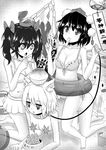  3girls :o absurdres all_fours animal_ears banner bikini bikini_skirt censored crab food fruit fuente greyscale hair_ribbon hat highres himekaidou_hatate ice_cream innertube inubashiri_momiji leaf leash maple_leaf monochrome mosquito_coil multiple_girls novelty_censor nude pom_pom_(clothes) ribbon riding saliva sand_castle sand_sculpture sashimono shameimaru_aya shaved_ice short_hair swimsuit tail tengu tokin_hat touhou twintails v watermelon wind_chime wolf_ears 