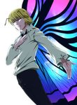  1boy anime_coloring antennae blonde_hair brown_eyes butterfly_wings collared_shirt dutch_angle frills half-closed_eyes hand_on_own_chest hunter_x_hunter looking_at_viewer maazyu male_focus pale_skin parted_lips shaiapouf simple_background smile solo white_background wings 