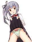 :o aikawa_ryou ass ass_visible_through_thighs bangs blouse blunt_bangs blush bow dress dress_lift embarrassed from_below hair_bow hair_ribbon kantai_collection kasumi_(kantai_collection) looking_at_viewer open_mouth panties pinafore_dress remodel_(kantai_collection) ribbon side_ponytail silver_hair simple_background solo striped striped_panties thighs underwear v-shaped_eyebrows white_background white_blouse 