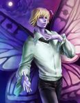  1boy akakokko_(niro_azarashi) antennae blonde_hair butterfly_wings collared_shirt cowboy_shot frills half-closed_eyes hand_on_own_chest hunter_x_hunter male_focus moon night pink_eyes purple_skin shaiapouf sky solo wings 