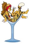  4_fingers alcohol anthro beverage breasts brown_hair cup dipstick_tail ethriol feline female hair hindpaw mammal multicolored_tail paws ponytail simple_background smile solo stripes tamara tiger white_background 