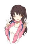  :d bad_id bad_tumblr_id blush breasts brown_eyes brown_hair double_w flying_sweatdrops hand_gesture hands_up idolmaster idolmaster_cinderella_girls jacket long_hair long_sleeves lpip medium_breasts one_side_up open_clothes open_jacket open_mouth open_track_jacket pink_jacket shimamura_uzuki simple_background smile solo sweatdrop unzipped upper_body w white_background zipper 