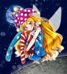  american_flag_dress american_flag_legwear blonde_hair blush closed_mouth clownpiece dress earth fairy_wings full_body hat head_tilt jester_cap long_hair looking_at_viewer moon namino. neck_ruff pantyhose polka_dot red_eyes short_dress sleeveless smile solo space star striped striped_legwear touhou v_arms very_long_hair wings 