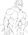  animal_genitalia anthro dragon genital_slit greyscale hair horn looking_at_viewer male monochrome muscular muscular_male pecs sketch slit solo zex 