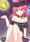  aki_chimaki bare_shoulders breasts chain cleavage clothes_writing collar crop_top earth_(ornament) hat hecatia_lapislazuli long_hair miniskirt moon_(ornament) multicolored multicolored_clothes multicolored_skirt off_shoulder open_mouth red_eyes red_hair shirt skirt smile solo t-shirt touhou 