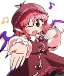  beamed_eighth_notes bird_wings brown_eyes eighth_note feathered_wings hat hat_feather highres musical_note mystia_lorelei nail_polish one_eye_closed pink_hair purple_nails rokugou_daisuke solo touhou wings 