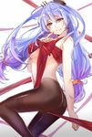  aer_(tengqiu) blue_hair bow breasts brown_legwear finger_to_mouth hair_ornament helena_(zhan_jian_shao_nyu) highres large_breasts long_hair looking_at_viewer looking_back low_twintails pantyhose red_eyes smile solo thighband_pantyhose topless twintails very_long_hair zhan_jian_shao_nyu 