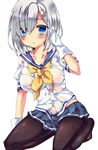  black_legwear blue_eyes blush breasts gloves hair_ornament hairclip hamakaze_(kantai_collection) kantai_collection large_breasts looking_at_viewer pantyhose school_uniform see-through serafuku short_hair short_sleeves silver_hair solo wet wet_clothes yoroi_nau 