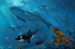  amber_eyes ambiguous_gender bubble cetacean day detailed_background dolphin feline feral fish flashw fur group mammal marine orca outside sitting sting_ray stripes sunlight swimming tiger underwater water whale 