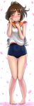  absurdres ao_iro bangs bare_legs barefoot blush brown_eyes brown_hair full_body glint grin hair_ornament hairclip happy_tears highres i-401_(kantai_collection) jewelry kantai_collection knees_together_feet_apart long_hair looking_at_viewer name_tag nose_blush one-piece_swimsuit one_eye_closed petals pigeon-toed ponytail ring rubbing_eyes sailor_collar school_swimsuit school_uniform serafuku shirt sleeveless sleeveless_shirt smile solo standing swimsuit swimsuit_under_clothes tears thigh_gap wedding_band wiping_tears 
