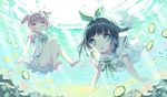  air_bubble bare_legs barefoot black_hair breath brown_hair bubble food freediving fruit green_eyes hair_ribbon highres lime_(fruit) long_hair multiple_girls open_mouth purple_eyes ribbon rugo sailor_collar short_twintails shorts skirt swimming twintails underwater 