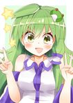  aki_chimaki bangs collar detached_sleeves frog frog_hair_ornament green_eyes green_hair hair_ornament hair_tubes kochiya_sanae long_hair open_mouth smile solo star touhou v wide_sleeves 