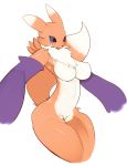  alternate_color anthro black_sclera blue_eyes breasts canine digimon digimon_(species) facial_markings featureless_breasts featureless_crotch female fur mammal markings naturally_censored orange_fur renamon simple_background sindoll solo white_background white_fur wide_hips yellow_fur 