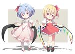  adapted_costume alternate_costume ascot bat_wings blonde_hair blue_hair blush boots chibi crystal dress flandre_scarlet full_body hair_ribbon looking_at_viewer multiple_girls open_mouth pointy_ears puffy_sleeves red_eyes remilia_scarlet ribbon shiitake_(mm0820) shirt short_hair short_sleeves siblings side_ponytail sisters skirt smile socks touhou white_legwear wings 