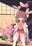  :d ? architecture ascot bare_shoulders barefoot breasts brown_eyes brown_hair cover_image detached_sleeves east_asian_architecture food frilled_ribbon frills fruit hair_between_eyes hair_ribbon hair_tubes hakurei_reimu hc2002 highres imminent_rape long_hair open_mouth outdoors red_ribbon red_skirt red_vest ribbon sidelocks sitting skirt skirt_set sleeves_rolled_up small_breasts smile solo spoken_question_mark tentacles touhou vest watermelon wide_sleeves wooden_floor wooden_wall you_gonna_get_raped 