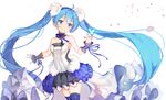  7th_dragon_(series) 7th_dragon_2020 ahoge aqua_eyes aqua_hair bug butterfly hatsune_miku highres insect long_hair n2co smile solo thighhighs twintails very_long_hair vocaloid 