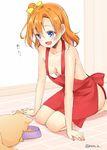  :d apron bare_arms blue_eyes blush bow bowl breasts collarbone convenient_censoring dog eating eyebrows eyebrows_visible_through_hair hands_on_floor hazuki_natsu indoors kousaka_honoka love_live! love_live!_school_idol_project medium_breasts naked_apron one_side_up open_mouth orange_hair pet_bowl red_apron seiza sitting smile solo tareme translated twitter_username yellow_bow 