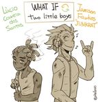  \m/ amputee bandaged_arm bandages collarbone dark_skin dark_skinned_male eighth_note english hairlocs hand_up headphones high_ponytail junkrat_(overwatch) long_hair lucio_(overwatch) male_focus missing_limb multiple_boys musical_note overwatch ponytail role_reversal simple_background smile tank_top text_focus torn_clothes upper_body walking_stick what_if white_background younger 