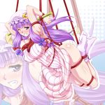  armpits arms_behind_head arms_up ass bdsm blush bondage bound bound_legs breast_bondage breasts clenched_teeth colorized covered_nipples dress hat large_breasts legs_together long_hair looking_at_viewer mob_cap nose_blush one_eye_closed ootsuki_wataru patchouli_knowledge purple_eyes purple_hair restrained rope shibari shibari_over_clothes socks solo spreader_bar striped suspension sweat teeth touhou vertical_stripes wince zoom_layer 