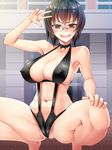  &gt;:) armpits bangs bare_arms bare_shoulders black_eyes black_hair black_swimsuit blush breasts cameltoe choker collarbone commentary_request covered_nipples forced_smile girls_und_panzer halter_top halterneck highres kawashima_momo large_breasts looking_at_viewer monocle navel parted_lips short_hair slingshot_swimsuit smile solo spread_legs squatting stomach sweat swimsuit v v-shaped_eyebrows youshuu 