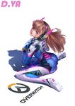  2016 bangs blue_eyes bodysuit breasts brown_hair character_name chen_lu copyright_name d.va_(overwatch) dated facial_mark from_above from_side gloves hands_on_own_chest headphones lips long_hair looking_at_viewer looking_to_the_side medium_breasts overwatch pilot_suit shadow simple_background sitting solo swept_bangs wariza whisker_markings white_background white_gloves 
