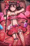  :q arm_up bandeau black_hair blush bottle bow demon_horns demon_tail demon_wings earrings fishnet_legwear fishnets flat_chest floral_print flower frills garter_straps gloves hair_between_eyes hair_bow hair_ornament hairclip heart heart_pillow heart_tattoo highres horns jewelry looking_at_viewer love_live! love_live!_school_idol_festival love_live!_school_idol_project lying navel on_back perfume_bottle petals pillow pink_gloves pitchfork polka_dot red_eyes short_hair skirt smile solo strapless suspenders tail tattoo thighhighs tiara tongue tongue_out twintails wings yazawa_nico yohan1754 