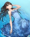  arm_up bangs bare_arms bare_shoulders black_hair blue_dress blue_eyes breasts collarbone dress eyebrows highres idolmaster idolmaster_cinderella_girls long_hair looking_at_viewer lying medium_breasts on_back partially_submerged shibuya_rin signature solo strapless water yashigaras 