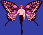  1boy antennae blue_background brown_eyes butterfly_wings closed_mouth collarbone collared_shirt frills full_body half-closed_eyes hand_on_own_chest heart hunter_x_hunter k_(kktkk) male_focus orange_hair shaiapouf simple_background smile solo wings 