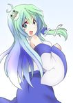  aki_chimaki detached_sleeves dress frog frog_hair_ornament green_eyes green_hair hair_ornament hair_tubes kochiya_sanae long_hair open_mouth snake snake_hair_ornament solo touhou 