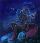  anthro black_fur blue_hair breasts cosmic detailed_background feline female flashw fur hair jewelry looking_at_viewer mammal necklace night nude outside purple_fur smile solo star water waterfall yellow_eyes 