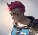  blue_vest clothes_writing eyelashes green_eyes lips lipstick makeup overwatch pink_hair scar short_hair sleeveless solo tayen upper_body vest zarya_(overwatch) 