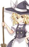  aki_chimaki apron black_dress blonde_hair bow braid broom buttons dress hat hat_bow hat_ribbon highres kirisame_marisa open_mouth puffy_sleeves ribbon short_sleeves side_braid simple_background single_braid solo touhou waist_apron white_bow witch_hat yellow_eyes 