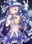  blue_eyes blue_gloves blue_hair blue_ribbon fingerless_gloves gloves hat hatsune_miku highres holding index_finger_raised kyuu_(chiu850513) long_hair one_eye_closed ribbon smile snowflakes solo suki!_yuki!_maji_magic_(vocaloid) twintails vocaloid witch_hat yuki_miku 