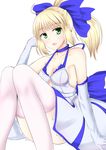  absurdres arm_support armpits artoria_pendragon_(all) bad_id bad_pixiv_id bare_shoulders blonde_hair blue_ribbon blush breasts cleavage cleavage_cutout elbow_gloves fate/stay_night fate_(series) gloves green_eyes highres medium_breasts open_mouth pink_legwear ponytail ribbon saber shikong smile solo underboob underboob_cutout white_background 