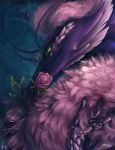  ambiguous_gender bust_portrait claws dragon eyewear faellin flower flower_in_mouth fur glasses green_eyes looking_at_viewer pink_fur plant portrait purple_scales rose scales solo 