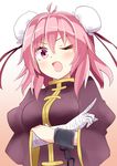 ;o aki_chimaki bandaged_arm bandages blush chinese_clothes cuffs double_bun from_above ibaraki_kasen looking_at_viewer one_eye_closed open_mouth pink_eyes pink_hair scolding shackles short_hair solo touhou v-shaped_eyebrows 