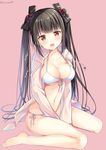  :d bangs bare_legs barefoot between_legs bikini black_hair blunt_bangs blush breasts cleavage collarbone front-tie_top hair_ribbon hood hood_down hoodie large_breasts long_hair looking_at_viewer navel open_clothes open_hoodie open_mouth original pink_background red_eyes ribbon side-tie_bikini sitting smile solo sousouman swimsuit twintails v_arms wariza white_bikini 
