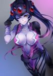 ;q bandaged_arm bandages black_gloves blue_background bodysuit breasts center_opening cleavage collarbone cowboy_shot gloves gradient gradient_background hand_on_headwear head_mounted_display large_breasts licking_lips long_hair looking_at_viewer one_eye_closed overwatch pink_bodysuit ponytail purple_background purple_hair purple_skin sevenann solo tongue tongue_out very_long_hair widowmaker_(overwatch) yellow_eyes 