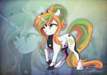  cutie_mark dennyvixen ear_piercing equine exo_(character) fan_character female feral fur green_eyes green_hair hair hooves horn horse jewelry mammal multicolored_hair my_little_pony necklace orange_hair piercing pony smile solo standing unicorn 