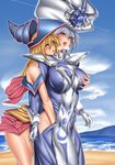  2girls bare_shoulders beach blonde_hair blue_eyes blush breast_grab breasts dark_magician_girl erect_nipples green_eyes large_breasts long_hair open_mouth silent_magician standing yu-gi-oh! yuri 