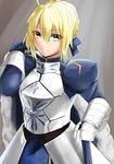  ahoge armor artoria_pendragon_(all) blonde_hair breastplate cape celeryma fate/grand_order fate/stay_night fate_(series) grey_background highres juliet_sleeves long_sleeves looking_at_viewer puffy_sleeves saber smile solo 
