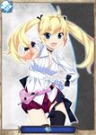  bell bell_collar black_ribbon blonde_hair blue_eyes card_(medium) collar collarbone grisaia_(series) grisaia_no_kajitsu hair_ribbon hand_on_hip index_finger_raised long_hair looking_at_viewer matsushima_michiru open_mouth ribbon shirt solo twintails white_shirt 