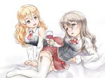  342_(artist) alcohol all_fours black_eyes brown_hair cup drinking_glass grey_hair half_updo kantai_collection long_hair lying multiple_girls on_side pola_(kantai_collection) thighhighs wavy_hair wine wine_glass zara_(kantai_collection) 