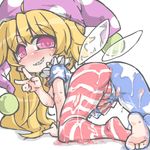  american_flag_dress american_flag_panties ass barefoot bodypaint clenched_teeth clownpiece fairy_wings hat jester_cap kureha_mitsushige long_hair looking_back painted_clothes polka_dot red_eyes sharp_teeth solo striped striped_legwear teeth thong touhou v wings 