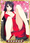  black_hair card_(medium) collarbone dress grisaia_(series) grisaia_no_kajitsu long_hair looking_at_viewer panties pantyshot purple_eyes red_dress sakaki_yumiko sitting smile solo underwear white_panties 