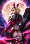  armor ass blonde_hair from_behind full_moon gauntlets highres kosuke_(gonzo_2010) light_smile long_hair midriff moon original pink_eyes shield solo sword thighhighs weapon 