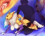  2016 anthro azelyn blush breasts claws clothing cum cum_in_pussy cum_inside cumshot digimon duo female fur gloves human male male/female mammal nipples orgasm penis pussy renamon saliva tongue tongue_out yellow_fur 
